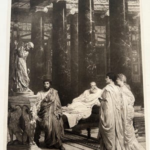 Grabado antiguo en sepia de 1901 / «El estudio del escultor» de Alma-Tadema / Galería de Glasgow / Grabado vintage