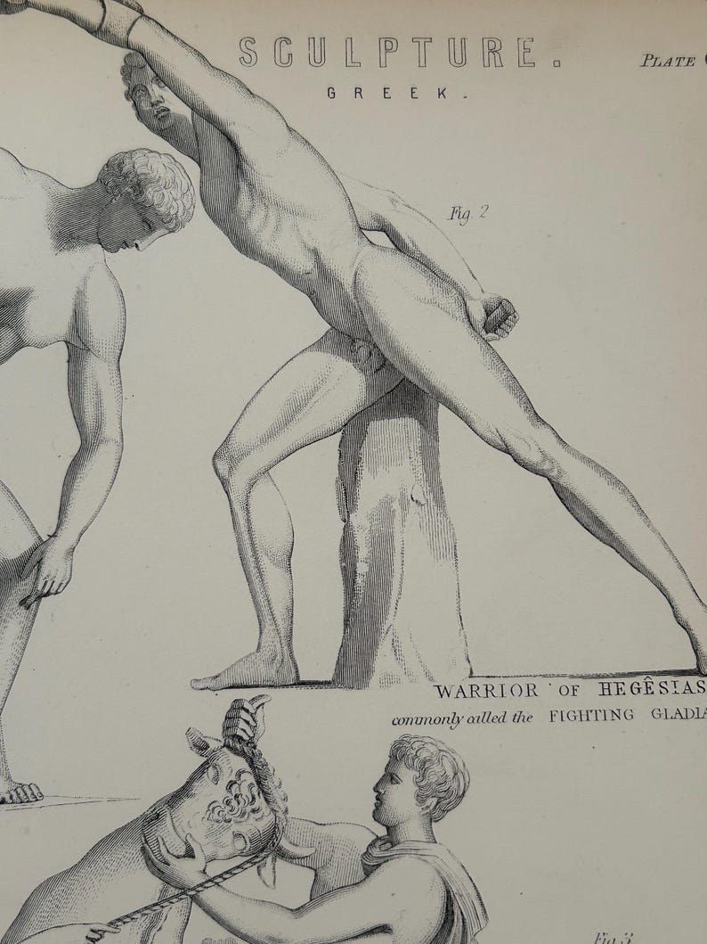 Antique Print | Fighting Gladiator Sculpture c1870s | Ancient Greek Mythology | Victorian Engraving | Classical Art | Collectible image 13