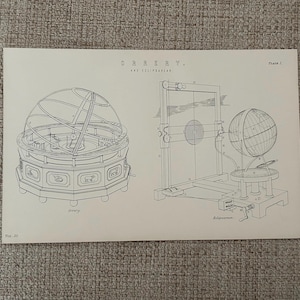 May include: An antique print featuring detailed line drawings of an orrery and a related astronomical instrument. The orrery is a complex model of the solar system. The print includes the text "Orrery and Ellipticum".