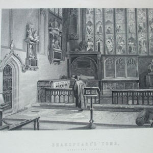 Antieke Print C1800&#39;s Shakspeare&#39;s Tomb Stratford Church Gravure Originele Home Decor Picture William Shakespeare
