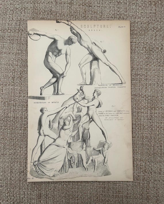 Antique Print | Fighting Gladiator Sculpture c1870s | Ancient Greek Mythology | Victorian Engraving | Classical Art | Collectible