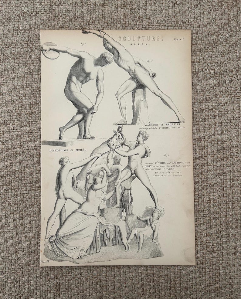 Antique Print | Fighting Gladiator Sculpture c1870s | Ancient Greek Mythology | Victorian Engraving | Classical Art | Collectible image 1