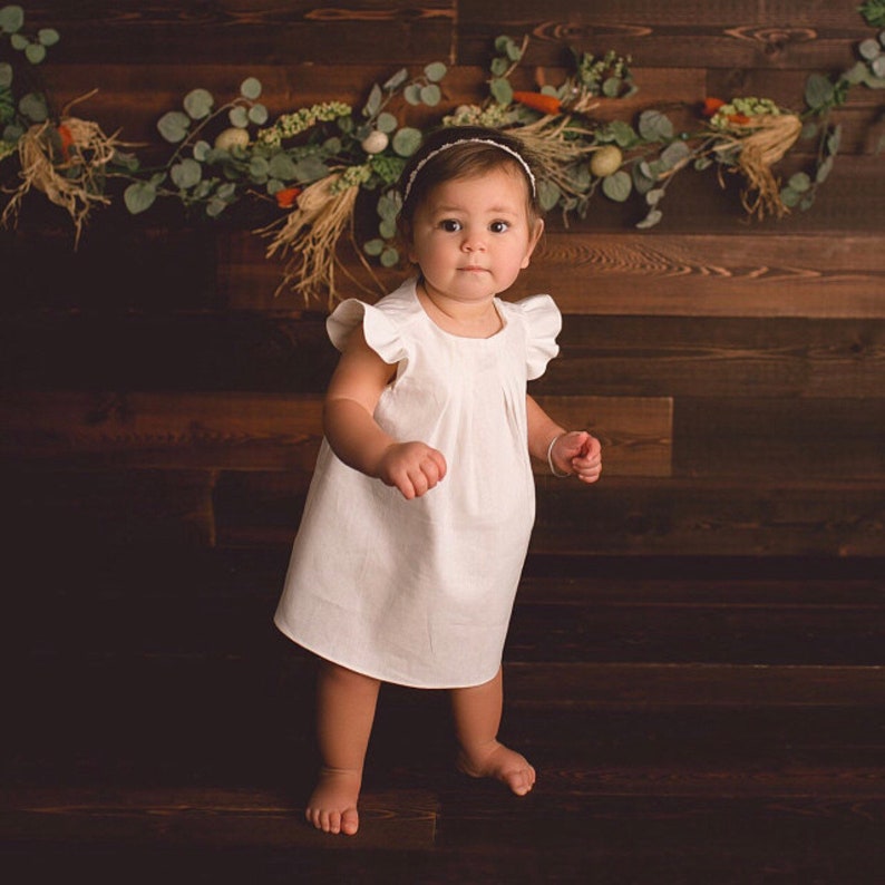 Ivory linen Toddler Dress white linen dress Flutter Sleeve Dress Ivory Baby Dress white baby dress Christening Dress Baptism Dress blessing