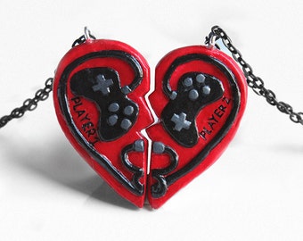Player 1 & Player 2 Necklace Set | Gamer Half Heart Couples Jewelry
