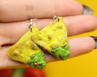 Guacamole and Chip Dangle Earrings | Handmade dangle food earrings, playful foodie jewelry, hypoallergenic lead nickel safe