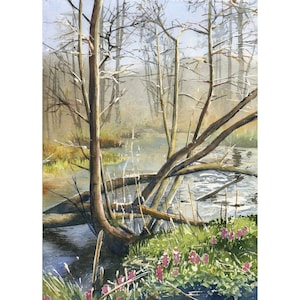 Liwa river - ORIGINAL WATERCOLOR PAINTING forest landscape with river