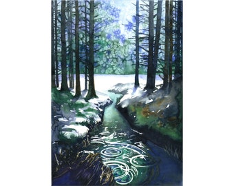 Thaw - ORIGINAL WATERCOLOR PAINTING forest landscape with river meltdown