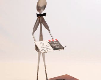 FLATWARE FOLK "Dapper Business Card Holder" antique vintage stainless steel silverware welded figure - business card stand