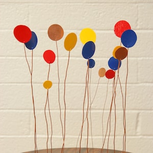 Copper Sculpture &quot;Dancing Balloons&quot; painted & natural balloon art on copper with redwood base - waves in the wind and breeze