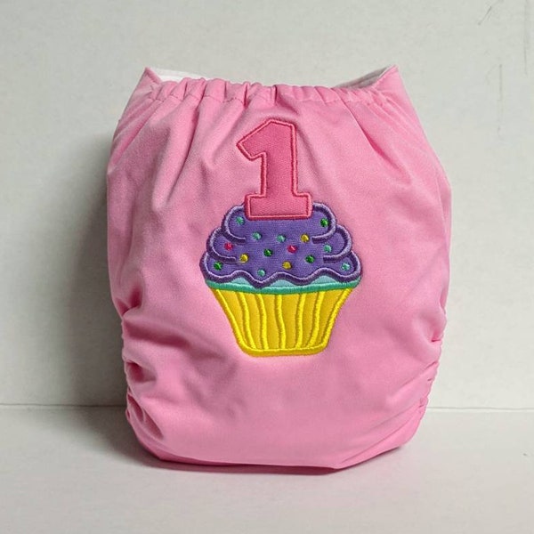 First Birthday Cupcake - Embroidered Cloth Diaper - 1st Birthday - Embroidered Bloomer - Pocket  Cloth Nappy Cover - Smash Cake AIO - Custom