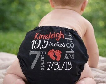 Birth Stats Cloth Diaper - Embroidered Custom Diaper - WAHM Cloth Diaper - Embroidered Diaper Cover - Custom Pocket Diaper - Custom Bloomers