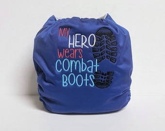 Hero Wears Combat Boots Cloth Diaper - Embroidered Cloth Diaper - Military Baby Cloth Diaper - Pocket Nappy - All In One AIO - Cloth Cover