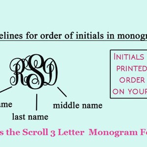 Puede incluir: Diagrama que muestra el orden de las iniciales en un monograma. Las letras RSD se muestran en una fuente de desplazamiento. La primera letra es el nombre de pila, la segunda letra es el apellido y la tercera letra es el segundo nombre. El texto "INITIALS WILL BE PRINTED IN THE ORDER LISTED ON YOUR ORDER." est&aacute; en un cuadro rosa.