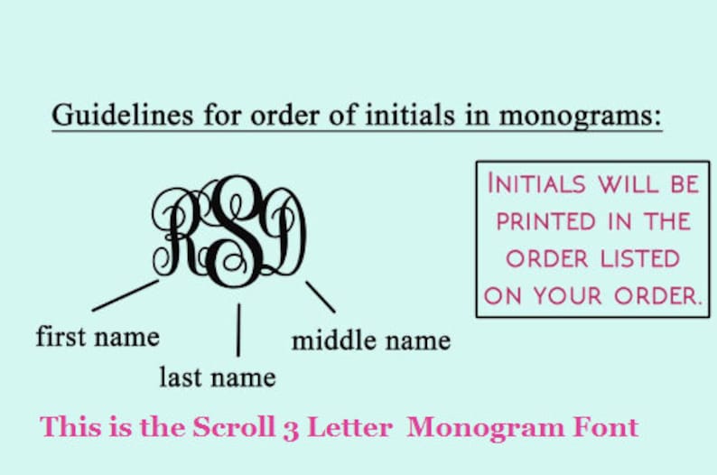 Puede incluir: Diagrama que muestra el orden de las iniciales en un monograma. Las letras RSD se muestran en una fuente de desplazamiento. La primera letra es el nombre de pila, la segunda letra es el apellido y la tercera letra es el segundo nombre. El texto "INITIALS WILL BE PRINTED IN THE ORDER LISTED ON YOUR ORDER." est&aacute; en un cuadro rosa.