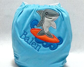 Surfing Shark Cloth Diaper - Birthday Cloth Diaper - Pocket Nappy - Baby Cloth Diaper - Embroidered Bloomers - Embroidered Diaper Cover