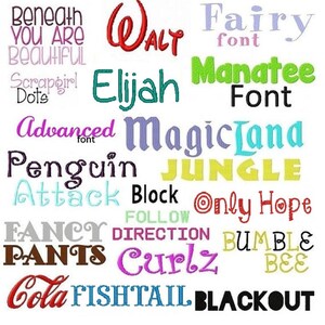 Puede incluir: Una imagen colorida con varios nombres de fuentes escritos en diferentes colores y estilos. Los nombres incluyen "Walt", "Fairy", "Elijah", "Manatee", "Advanced", "MagicLand", "Penguin", "Jungle", "Attack", "Block", "Only Hope", "Fancy", "Direction", "Bumble", "Pants", "Curlz", "Cola", "Fishtail" y "Blackout".