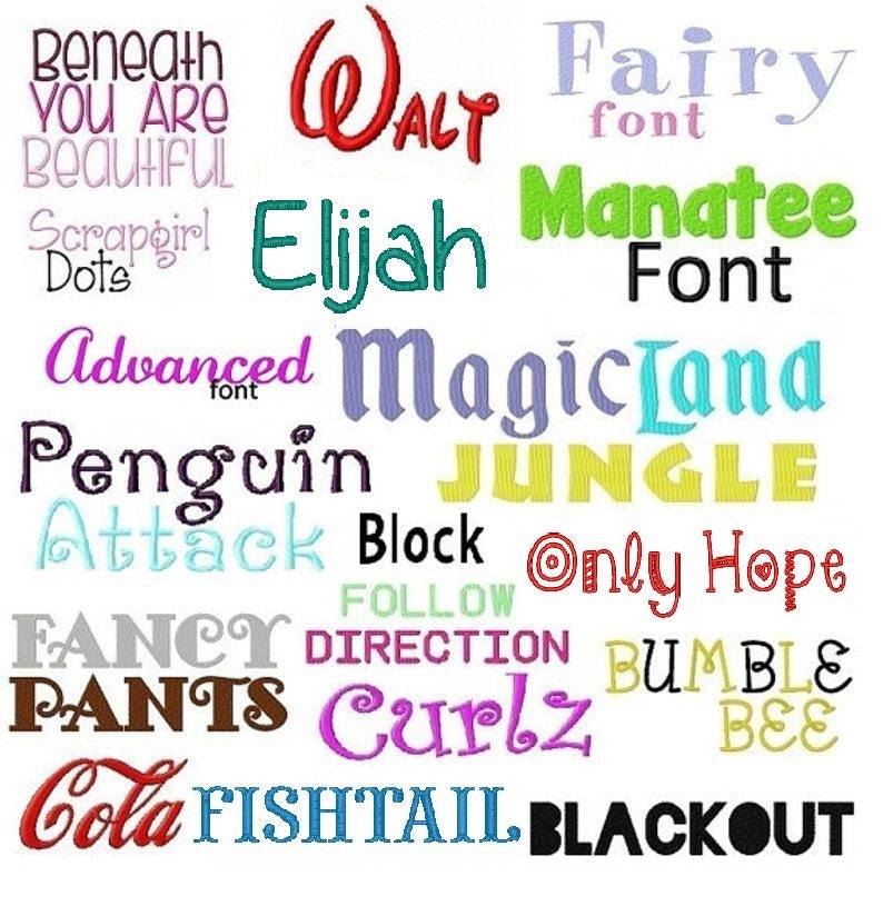Puede incluir: Una imagen colorida con varios nombres de fuentes escritos en diferentes colores y estilos. Los nombres incluyen "Walt", "Fairy", "Elijah", "Manatee", "Advanced", "MagicLand", "Penguin", "Jungle", "Attack", "Block", "Only Hope", "Fancy", "Direction", "Bumble", "Pants", "Curlz", "Cola", "Fishtail" y "Blackout".