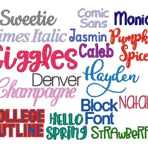 Puede incluir: Una colecci&oacute;n de fuentes de texto coloridas en varios estilos, incluyendo Comic Sans, Times Italic, Giggles, Caleb, Hayden, Block, College Outline, Hello Spring y Strawberry. El texto est&aacute; dispuesto en un patr&oacute;n circular.
