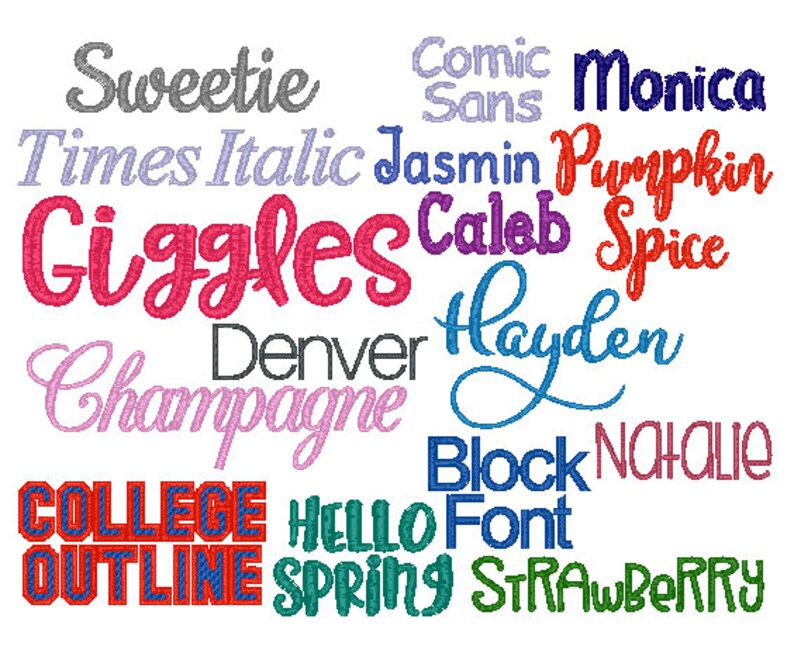 Puede incluir: Una colecci&oacute;n de fuentes de texto coloridas en varios estilos, incluyendo Comic Sans, Times Italic, Giggles, Caleb, Hayden, Block, College Outline, Hello Spring y Strawberry. El texto est&aacute; dispuesto en un patr&oacute;n circular.