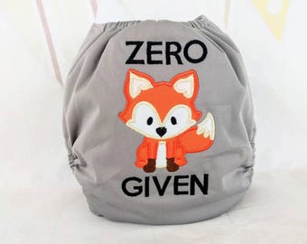 Zero Fox Given Cloth Diaper - Embroidered Cloth Diaper - Funny Baby Cloth Diaper - Fox Diaper - Woodland Cloth Diaper - Pocket Nappy