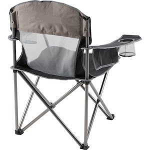 May include: A gray and black folding camping chair with a mesh back and a cup holder on the right armrest.