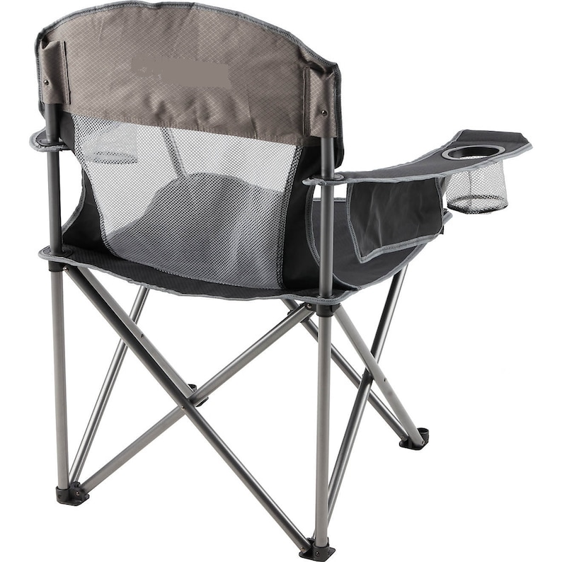 May include: A gray and black folding camping chair with a mesh back and a cup holder on the right armrest.