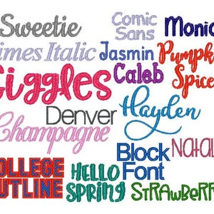 以下が含まれることがあります： 「Sweetie」、「Times Italic」、「Giggles」、「Champagne」、「Comic Sans」、「Jasmin」、「Pumpkin」、「Caleb」、「Spice」、「Hayden」、「Block」、「Natalie」、「College Outline」、「Hello Spring」、「Strawberry」など、さまざまなフォントで書かれたカラフルなテキストサンプルのコレクション。