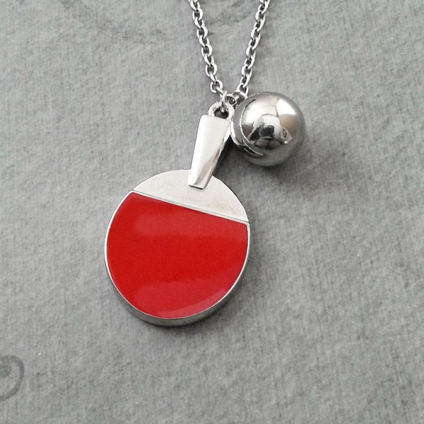 Ping Pong Necklace Ping Pong Ball Necklace Red Ping Pong Paddle Necklace Silver Charm Necklace Table Tennis Necklace Father's Day Gift