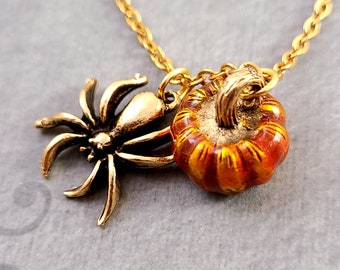 Pumpkin Necklace Spider Necklace Halloween Necklace Halloween Jewelry Charm Necklace Pendant Necklace Spider Jewelry Pumpkin Jewelry Gift