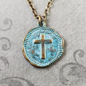 Cross Necklace Patina Cross Charm Necklace Cross Pendant Women's Jewelry Cross Jewelry Cross Coin Wax Seal Necklace Christian Gift Boyfriend