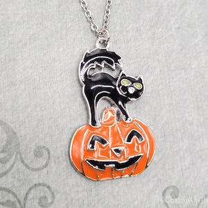 Black Cat Necklace Jack-o-Lantern Necklace Pumpkin Necklace Orange Pumpkin Charm Autumn Jewelry Halloween Necklace Fall Pendant Necklace
