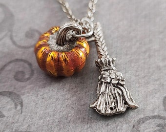 Pumpkin Necklace Broom Necklace Halloween Necklace Halloween Jewelry Charm Necklace Pendant Necklace Witch Necklace Pumpkin Jewelry Gift