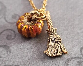 Pumpkin Necklace Broom Necklace Halloween Necklace Halloween Jewelry Charm Necklace Pendant Necklace Witch Necklace Pumpkin Jewelry Gift