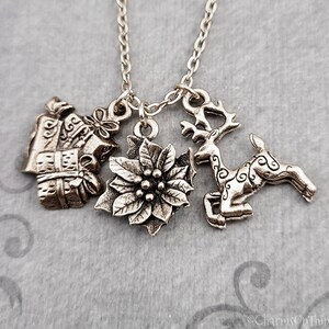 Reindeer Necklace Christmas Jewelry Christmas Necklace Present Necklace Charm Necklace Poinsettia Pendant Necklace Stocking Stuffer Gift