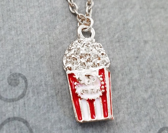 Popcorn Necklace SMALL Popcorn Charm Necklace Popcorn Jewelry Popcorn Pendant Necklace Movie Night Theater Geek Drama Club Christmas Gift