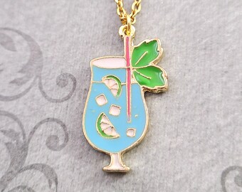 Cocktail Necklace Blue Mojito Necklace 21st Birthday Gift Bartender Jewelry Tropical Drink Charm Necklace Alcohol Jewelry Alcohol Pendant