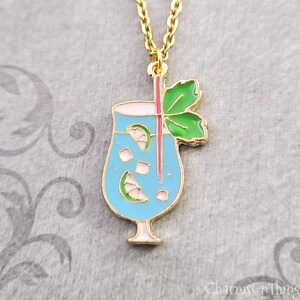 Cocktail Necklace Blue Mojito Necklace 21st Birthday Gift Bartender Jewelry Tropical Drink Charm Necklace Alcohol Jewelry Alcohol Pendant