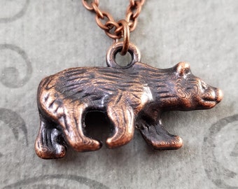 Bear Necklace SMALL Copper Grizzly Bear Charm Rustic Outdoors Gift Bear Pendant Nature Jewelry Animal Necklace Gift for Him or Her Under 30