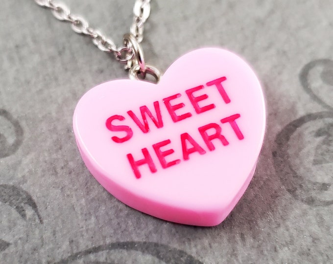 Conversation Heart Necklace SMALL Sweetheart Pink Candy Heart Pendant Valentine's Day Jewelry Charm Necklace Gift Under 30 Women's Jewelry