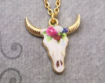 Bull Skull Necklace Steer Skull Jewelry Longhorn Necklace Boho Necklace Skull Charm Western Jewelry Boho Jewelry Flower Bull Skull Pendant