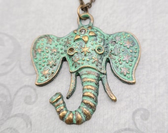 Elephant Necklace Elephant Pendant Necklace Blue Green Patina Elephant Charm Necklace Grecian Antiqued Elephant Jewelry Boho Gift for Her