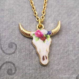 Bull Skull Necklace Steer Skull Jewelry Longhorn Necklace Boho Necklace Skull Charm Western Jewelry Boho Jewelry Flower Bull Skull Pendant