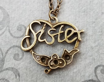 Sister Necklace Sister Jewelry Bronze Necklace Filigree Heart Necklace Sister Pendant Necklace Sister Charm Necklace Sister Gift Sisters