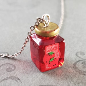 Strawberry Jam Necklace Jelly Charm Jewelry SMALL Cute Red Jam Jar Pendant Fruit Preserves Summer Gift for Her Under 30 Women&#39;s Food Jewelry