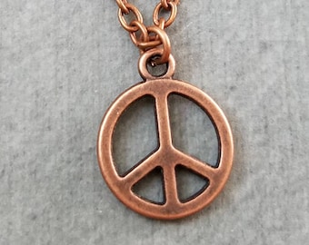 Peace Sign Necklace VERY SMALL Peace Sign Charm Necklace Peace Sign Jewelry Hippie Jewelry Hippie Necklace Copper Peace Pendant Hipster Gift