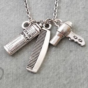 Hair Dryer Necklace SMALL Comb Necklace Hair Spray Charm Hair Dresser Gift Beauty School Stylist Necklace Pendant Necklace Cosmetologist