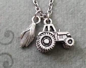 Tractor Necklace SMALL Tractor Jewelry Farming Necklace Farmer Necklace Corn on the Cob Tractor Charm Necklace Corn Necklace Farming Gift
