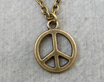 Peace Sign Necklace VERY SMALL Peace Sign Charm Necklace Peace Sign Jewelry Hippie Jewelry Hippie Necklace Bronze Peace Pendant Hipster Gift