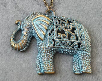 Elephant Necklace LARGE Blue Patina Elephant Jewelry Filigree Elephant Charm Necklace Indian Elephant Pendant Necklace Bridesmaid Necklace