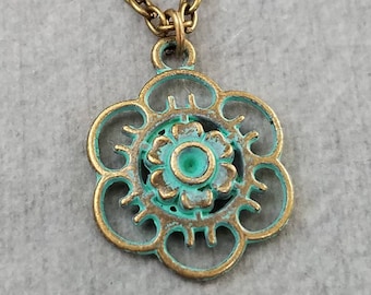 Filigree Necklace SMALL Filigree Charm Necklace Blue Patina Necklace Green Patina Jewelry Flower Necklace Grecian Jewelry Antique Necklace